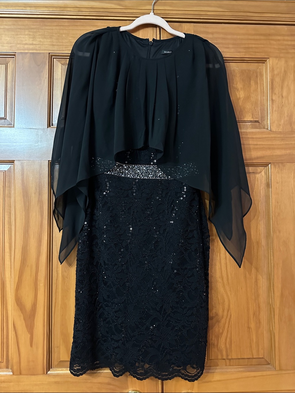 NEW! W tags! Black Sequin Lace Cocktail Dress with Sheer Cape